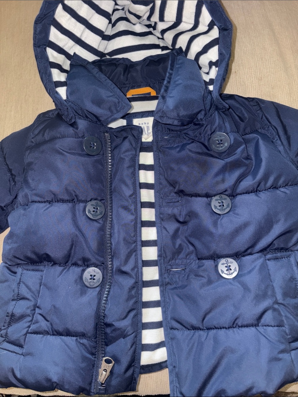 GAP Navy Blue Puffer Jacket with Striped Hood - Kids
